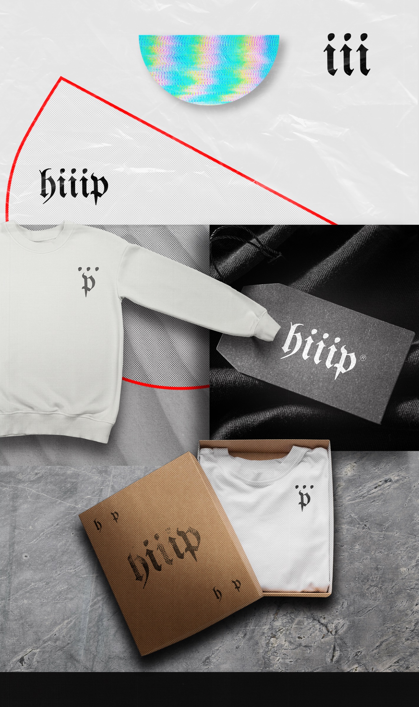 Hiip Apparel identity applications across clothing, packaging, tags, and graphic forms