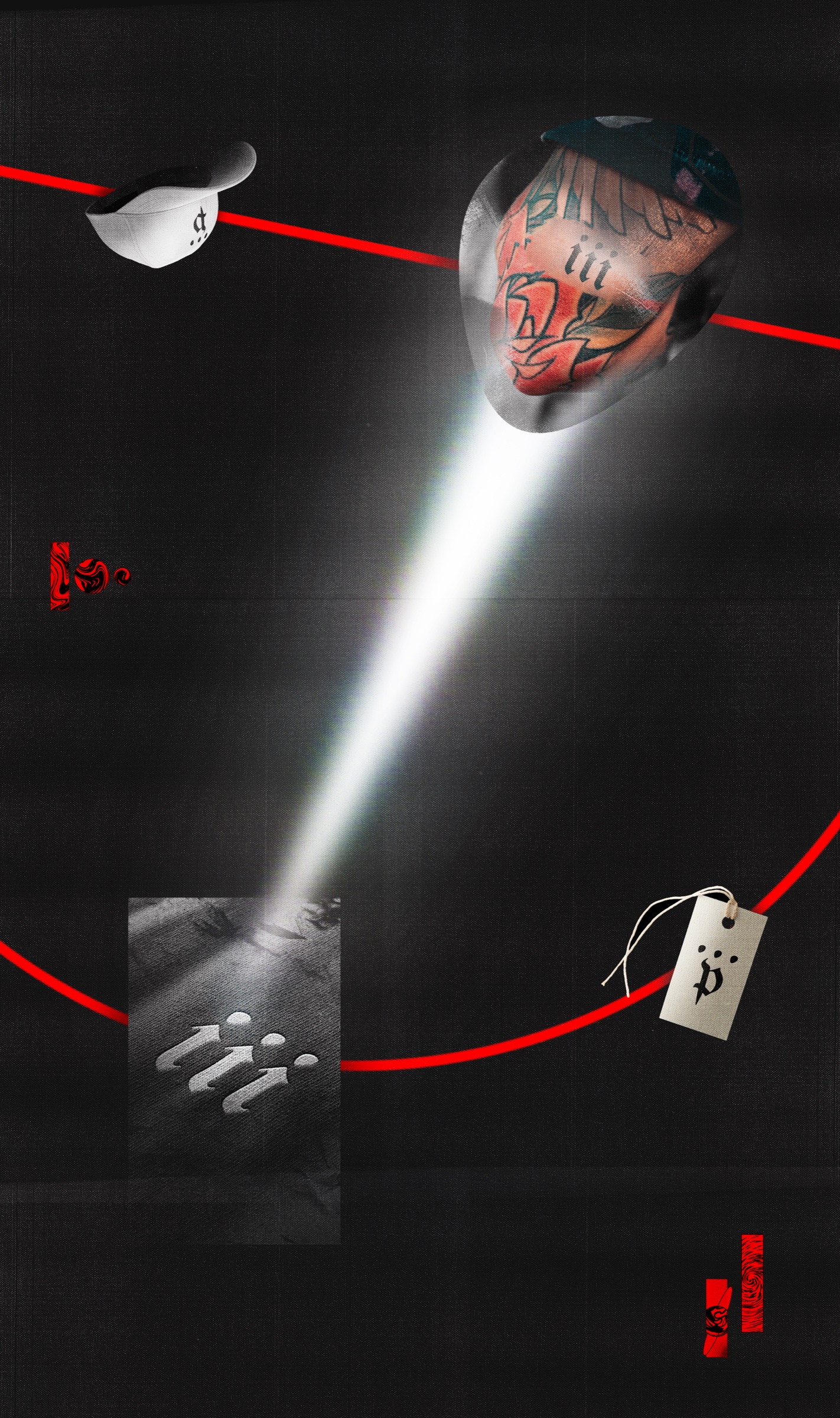 Hiip Apparel dark campaign artwork with experimental fashion imagery and a vivid red line