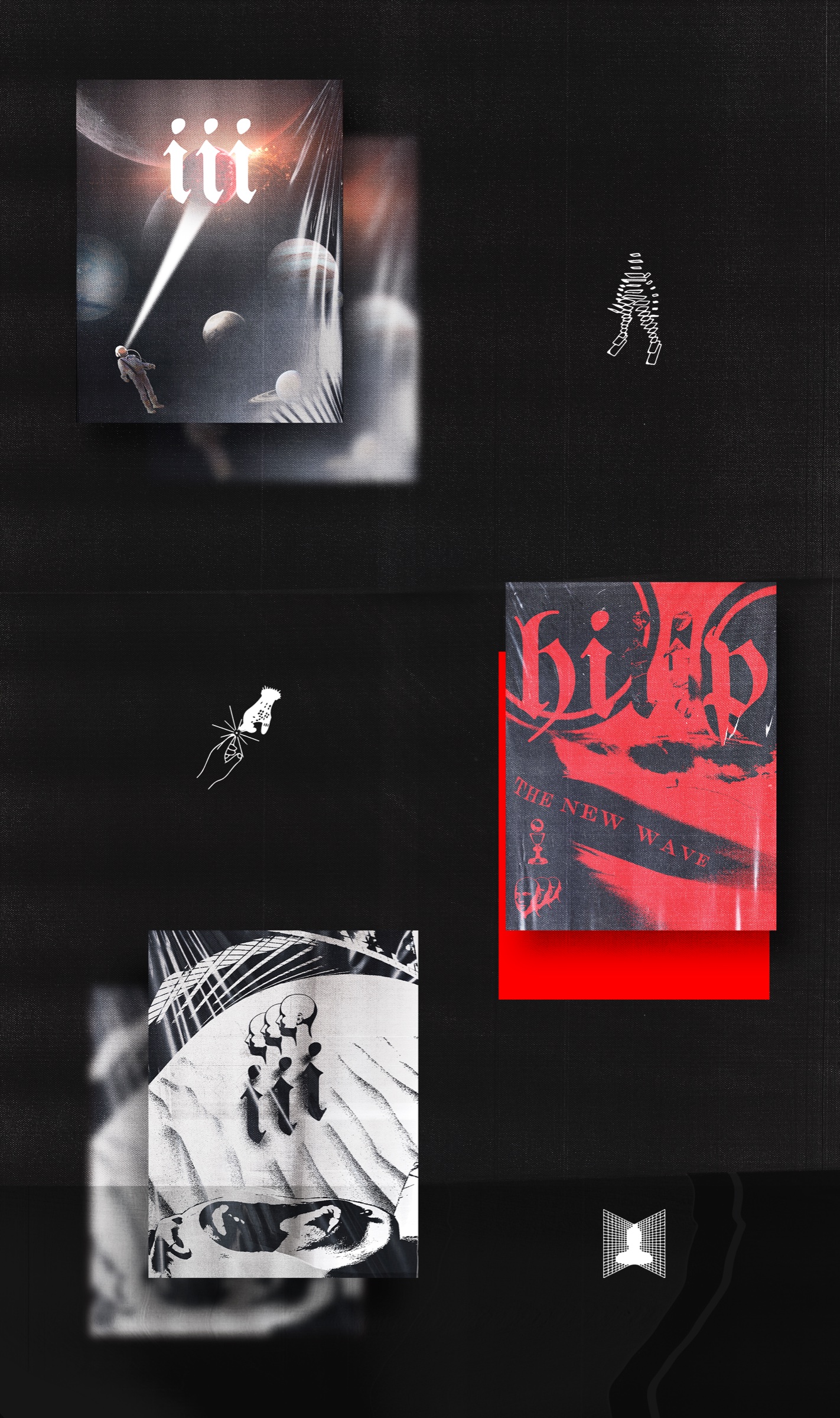 Hiip Apparel dark campaign artwork with posters, graphics, and red brand accents