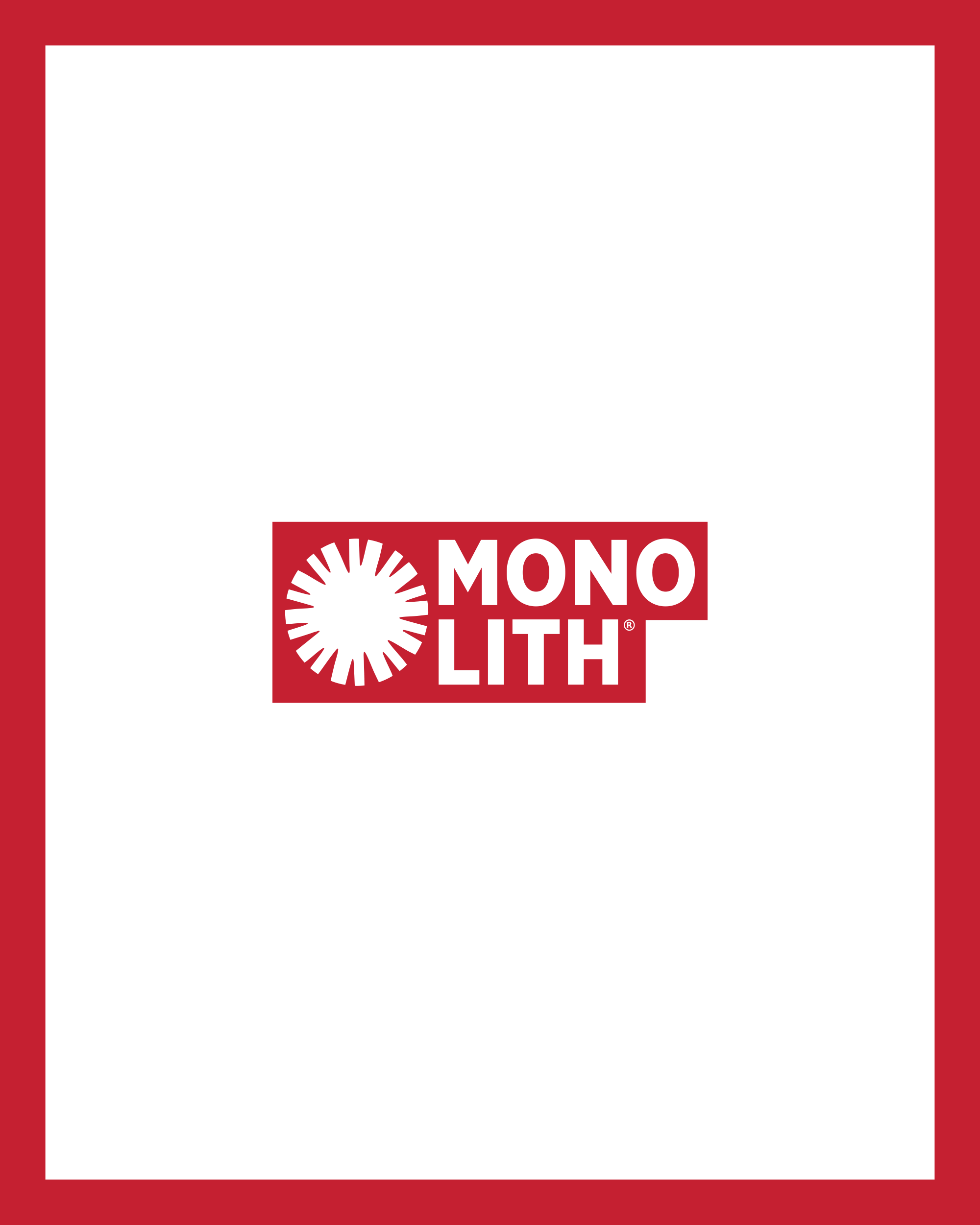 Monolith red and white wordmark with a circular radiating symbol