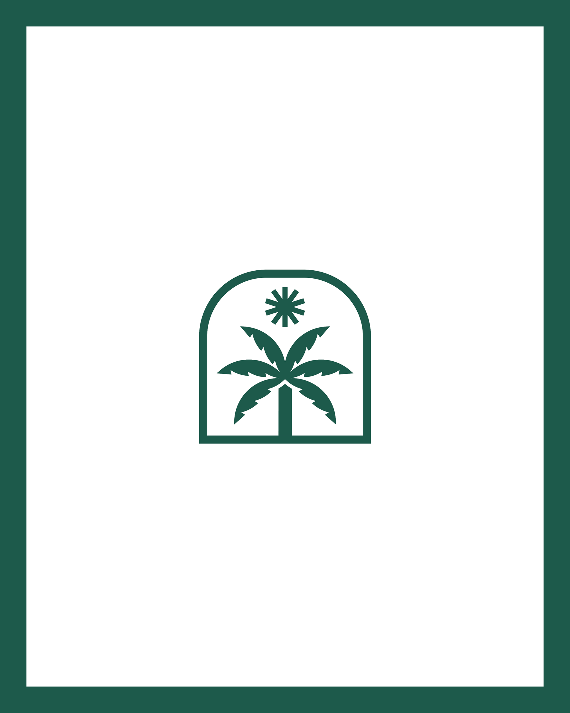 Dark green palm tree emblem within an arched frame