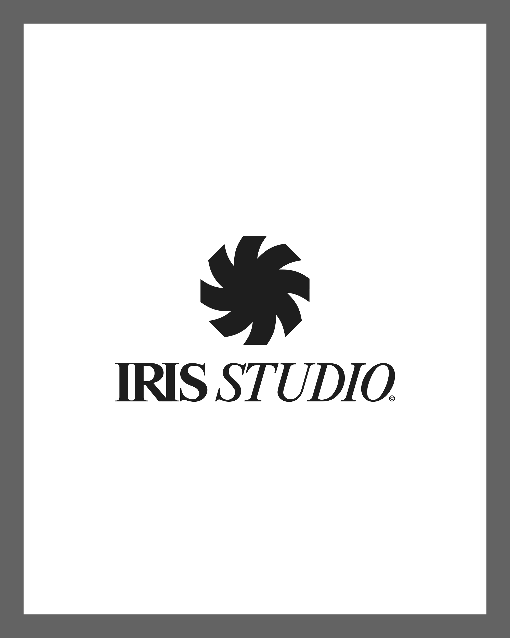 Iris Studio black rotating flower symbol and serif wordmark