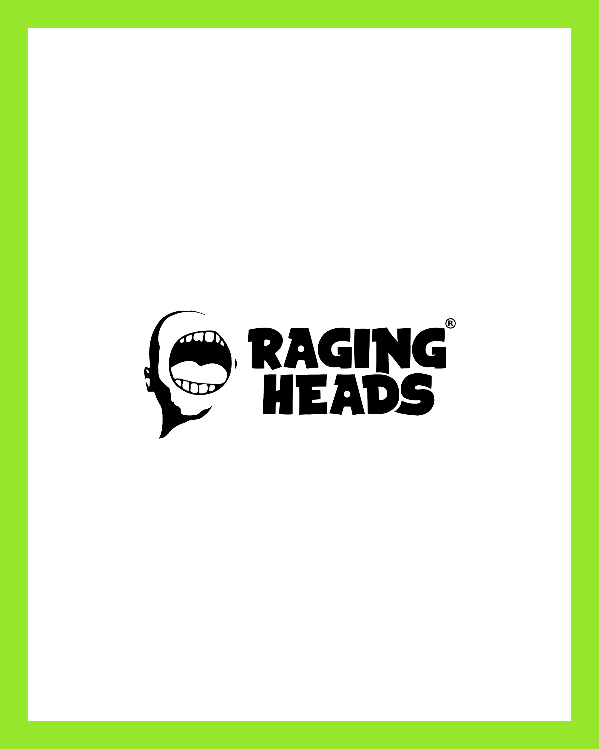 Raging Heads black illustrated shouting head and display wordmark