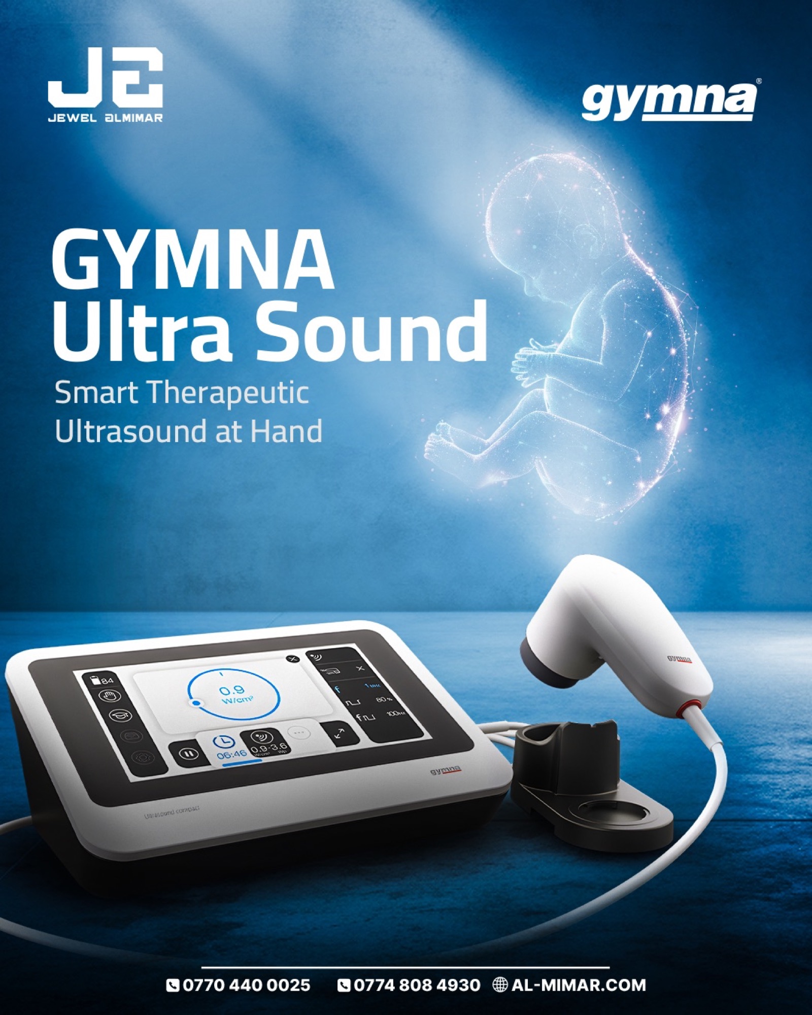 Jewel Al-Mimar social post presenting the Gymna therapeutic ultrasound system