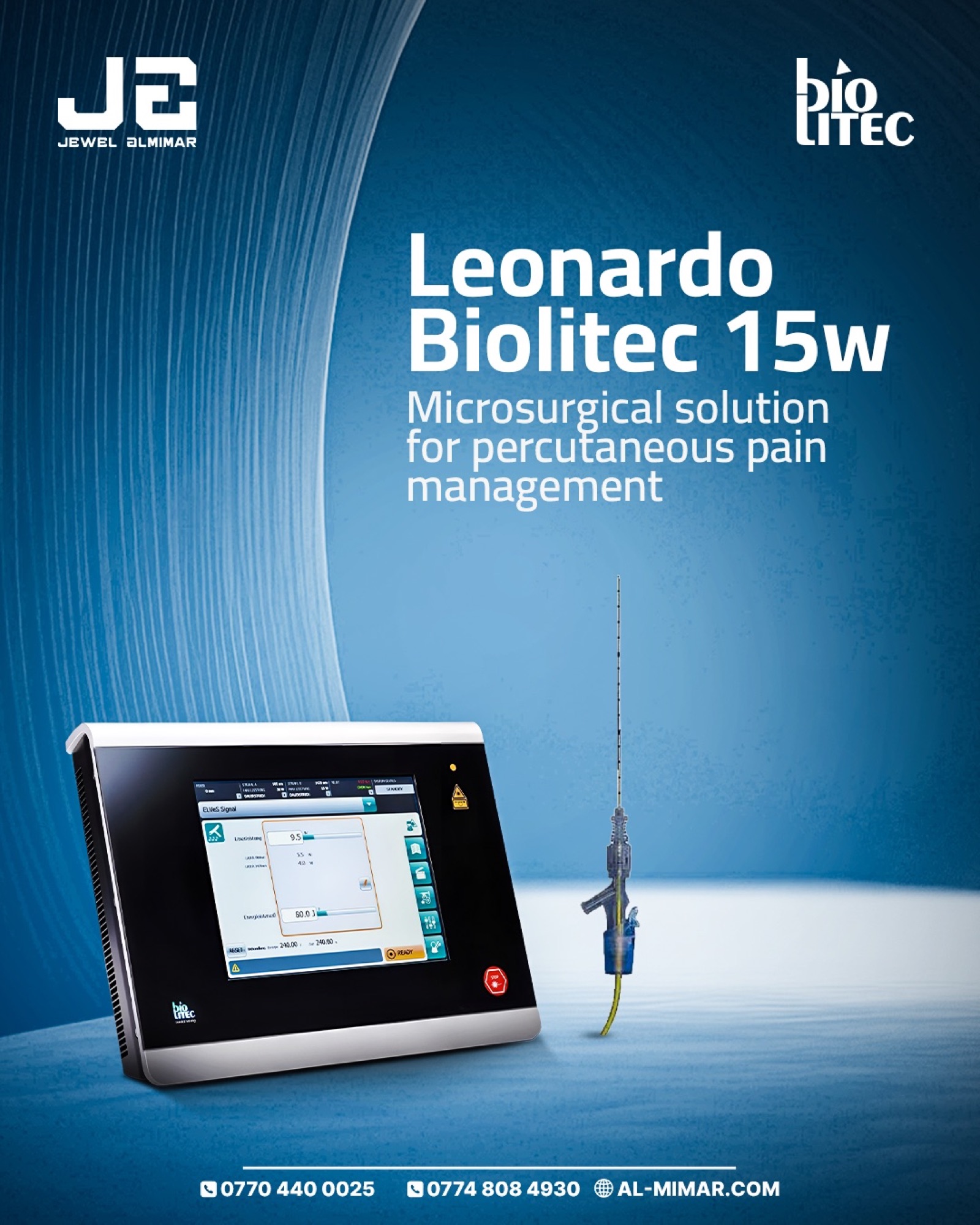 Jewel Al-Mimar social post presenting the Leonardo Biolitec pain management system