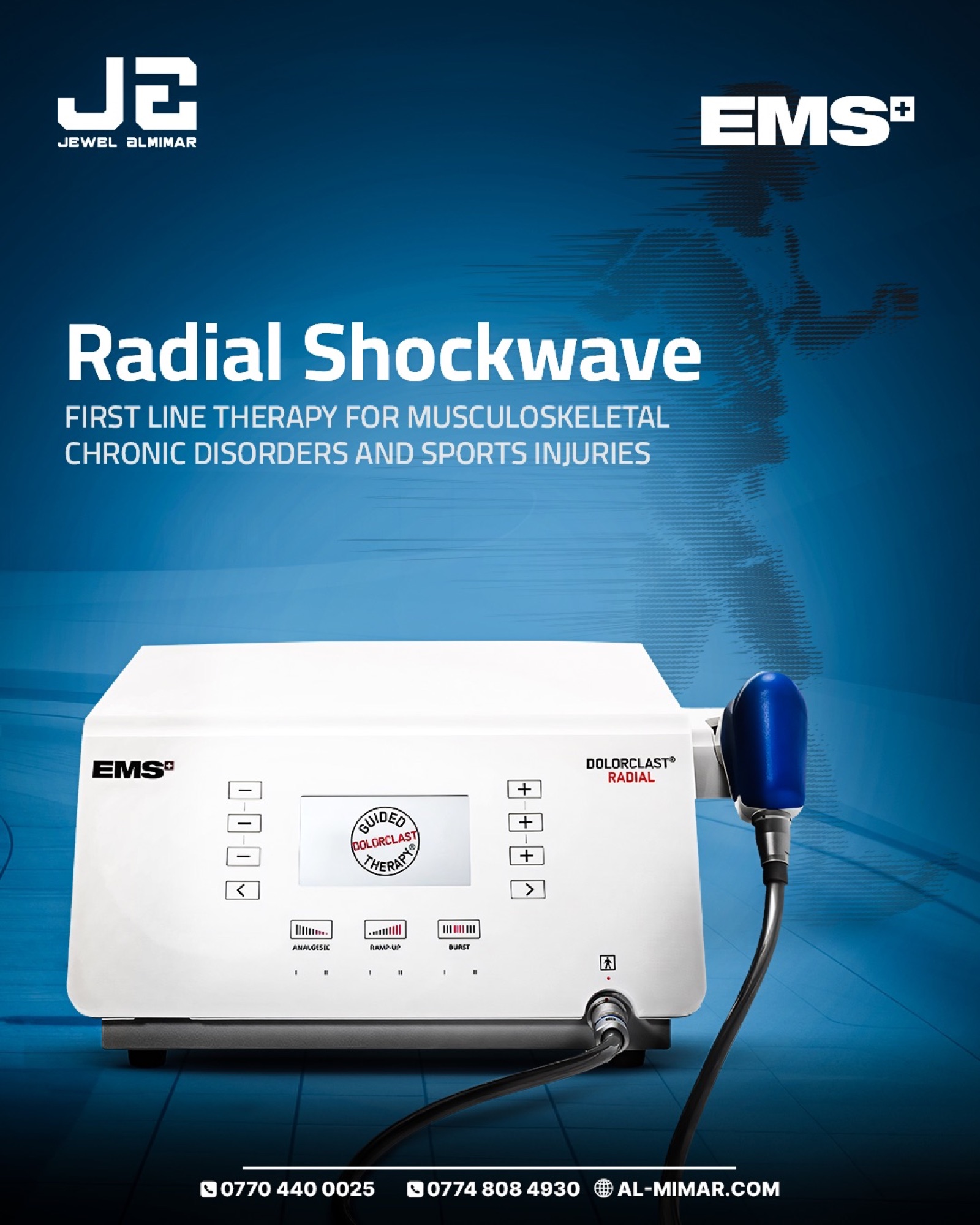 Jewel Al-Mimar social post presenting a radial shockwave therapy system
