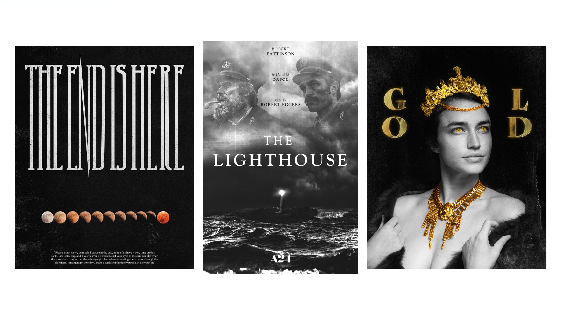 Group presentation of three black, white, and gold editorial artworks